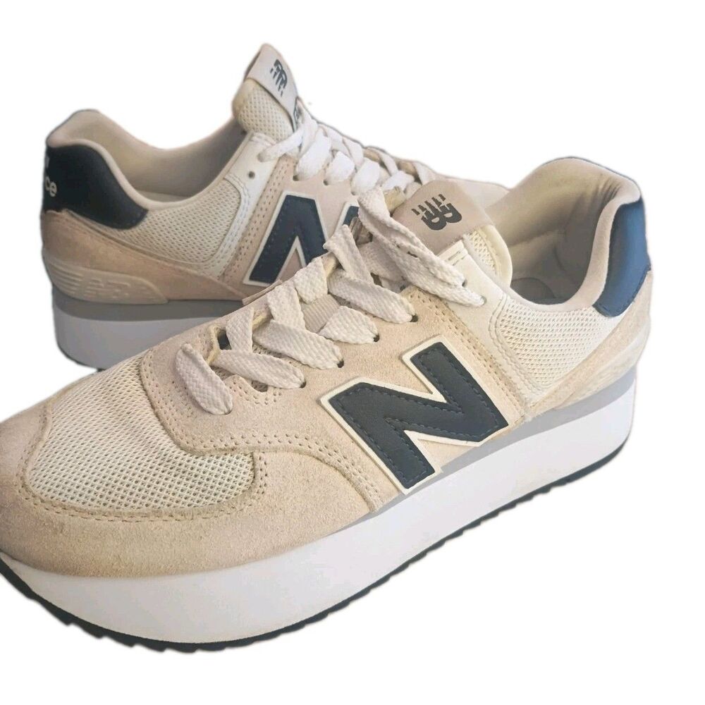 Fire chunky platform New Balance 574 cream and white sneakers Women's Size 8.5